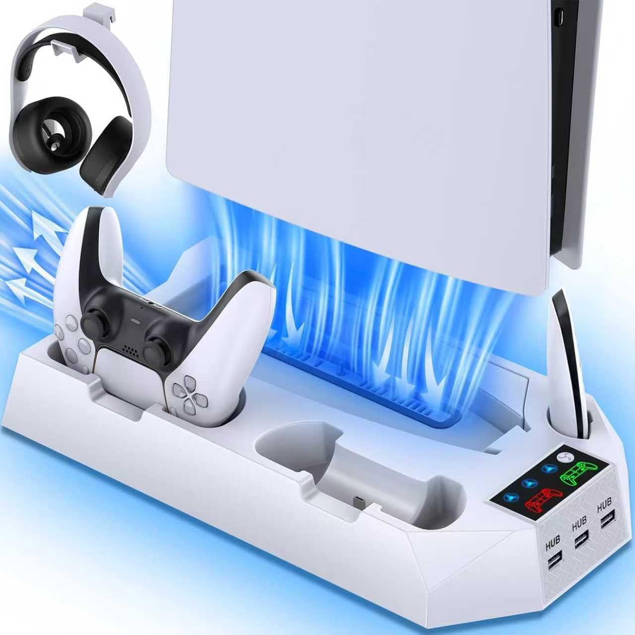 Multifunctional PS5 Cooling Station Stand for PlayStation 5, PS5 Slim & PS5 Pro Console, Vertical Cooling Stand with Adjustable Cooling Fan, Dual Controller Charging Dock, Storage Organizer for PS5 Disc & Digital Editions