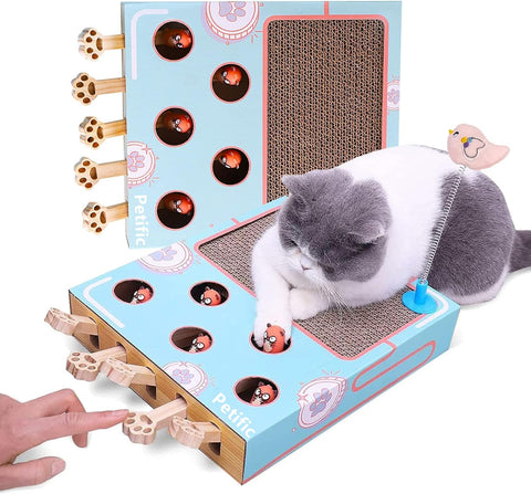 3-in-1 Thick Corrugated Cat Scratcher Pad, Multi Functional Scratch Toy with Whack-a-Mole Game & Cat Stick for Indoor Cats