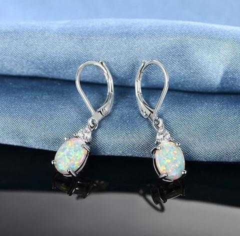 18K White & Yellow Gold Plated Opal Dangle Earrings for Women, Elegant Teardrop Opal Drop Earrings Hypoallergenic Lightweight Fashion Jewelry Gifts for Daily Wear Party Wedding Anniversary
