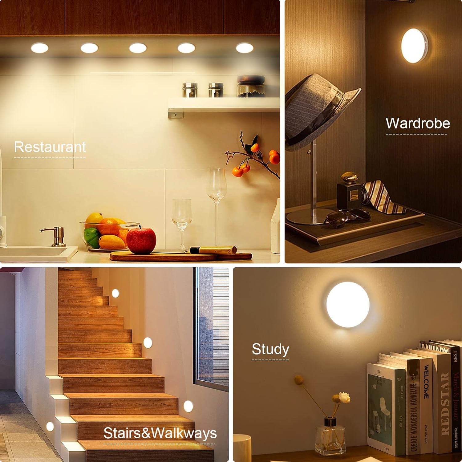 3Pcs USB Rechargeable Motion Sensor Night Lights, Magnetic Wireless LED Cabinet Lamp