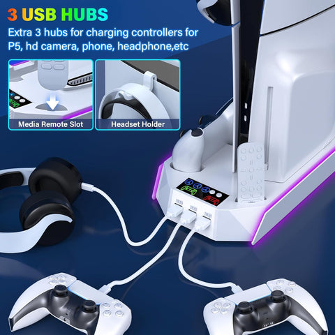 Multifunctional PS5 Cooling Station Stand for PlayStation 5, PS5 Slim & PS5 Pro Console, Vertical Cooling Stand with Adjustable Cooling Fan, Dual Controller Charging Dock, Storage Organizer for PS5 Disc & Digital Editions