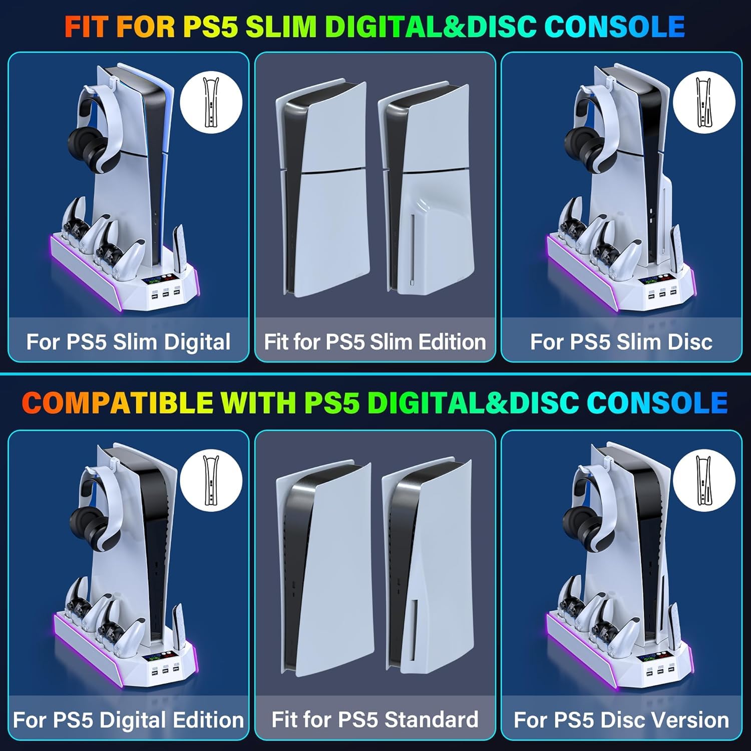 Multifunctional PS5 Cooling Station Stand for PlayStation 5, PS5 Slim & PS5 Pro Console, Vertical Cooling Stand with Adjustable Cooling Fan, Dual Controller Charging Dock, Storage Organizer for PS5 Disc & Digital Editions