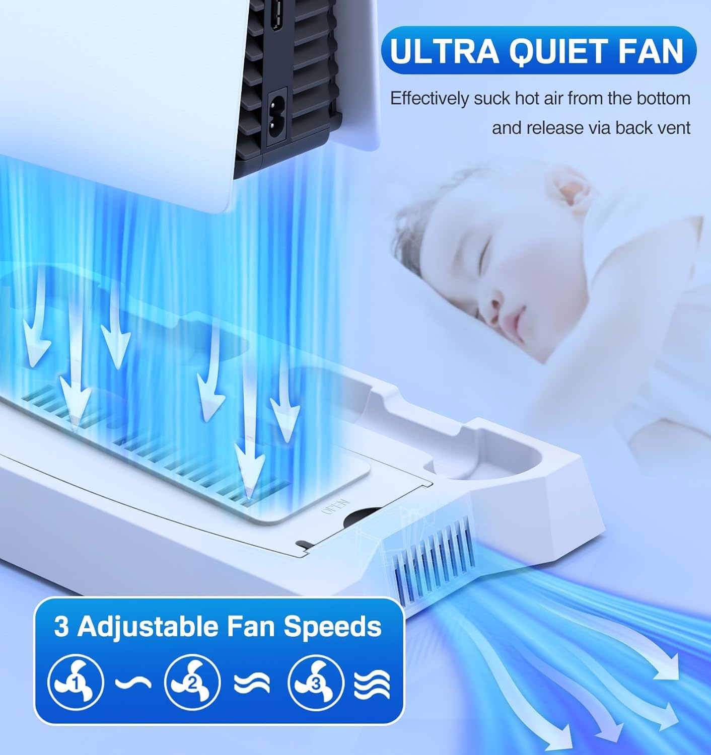 Multifunctional PS5 Cooling Station Stand for PlayStation 5, PS5 Slim & PS5 Pro Console, Vertical Cooling Stand with Adjustable Cooling Fan, Dual Controller Charging Dock, Storage Organizer for PS5 Disc & Digital Editions