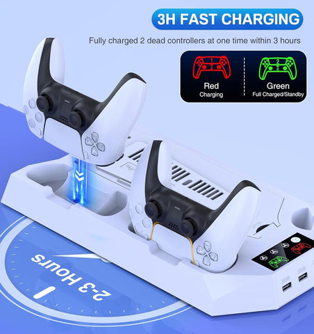 Multifunctional PS5 Cooling Station Stand for PlayStation 5, PS5 Slim & PS5 Pro Console, Vertical Cooling Stand with Adjustable Cooling Fan, Dual Controller Charging Dock, Storage Organizer for PS5 Disc & Digital Editions