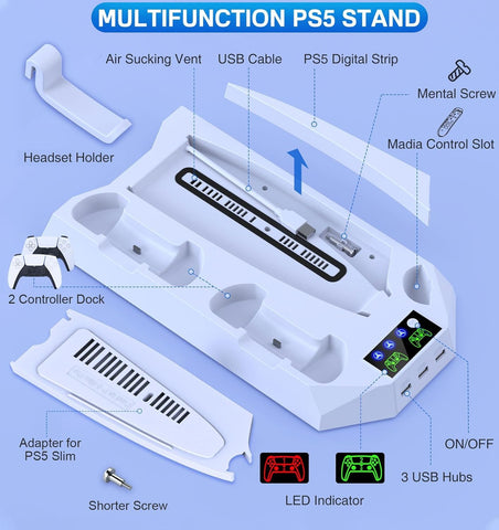 Multifunctional PS5 Cooling Station Stand for PlayStation 5, PS5 Slim & PS5 Pro Console, Vertical Cooling Stand with Adjustable Cooling Fan, Dual Controller Charging Dock, Storage Organizer for PS5 Disc & Digital Editions