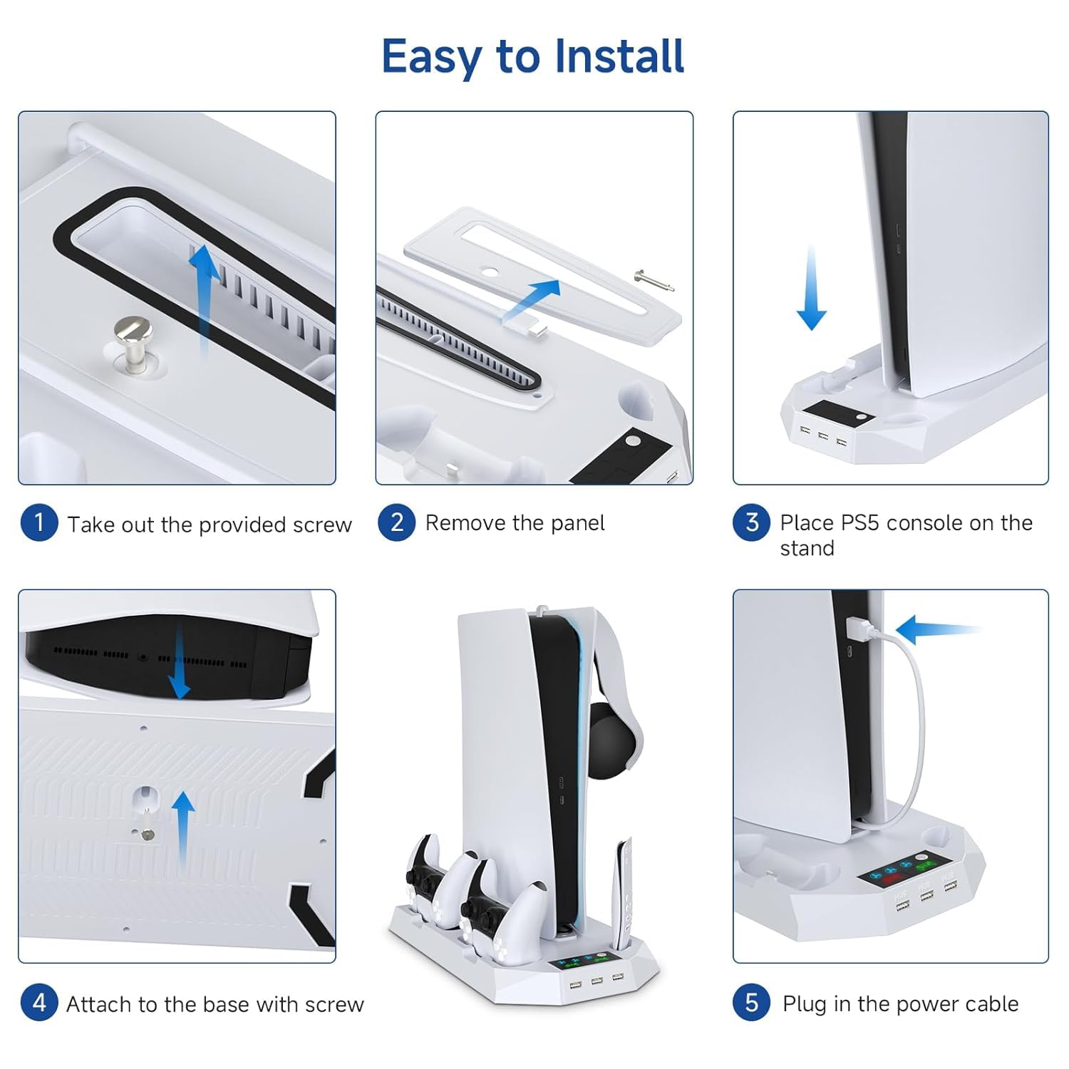 Multifunctional PS5 Cooling Station Stand for PlayStation 5, PS5 Slim & PS5 Pro Console, Vertical Cooling Stand with Adjustable Cooling Fan, Dual Controller Charging Dock, Storage Organizer for PS5 Disc & Digital Editions
