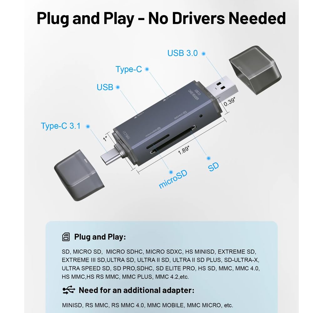 4-in-1 Multi-Port SD Card Reader, USB C and USB 3.0 Interface, Support Simultaneous Read and Write for Different Memory Cards
