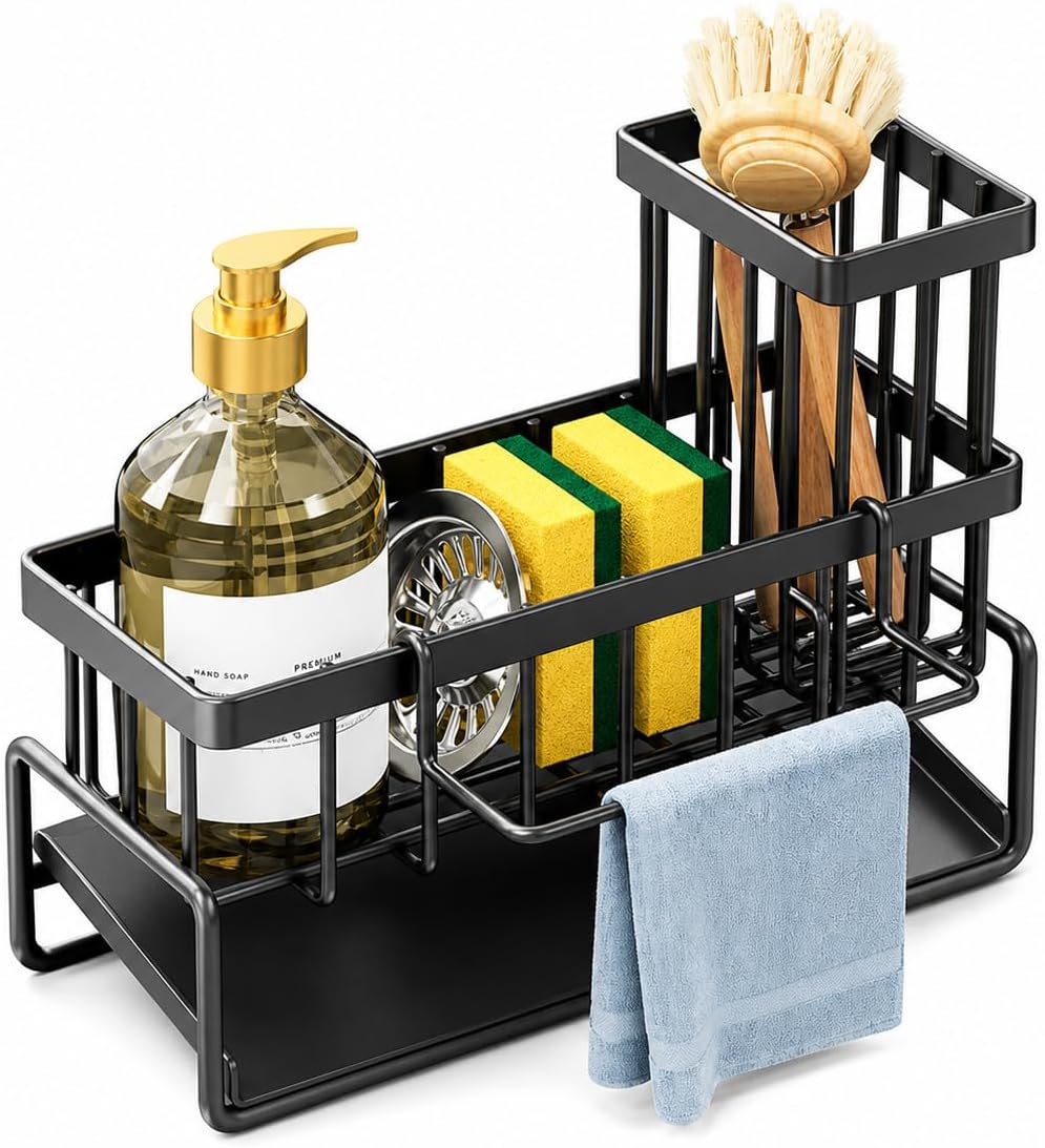 Rustproof Kitchen Sink Sponge Holder, Multifunctional Sink Caddy with Brush Slot & Dishcloth Hanger for Kitchen Countertop