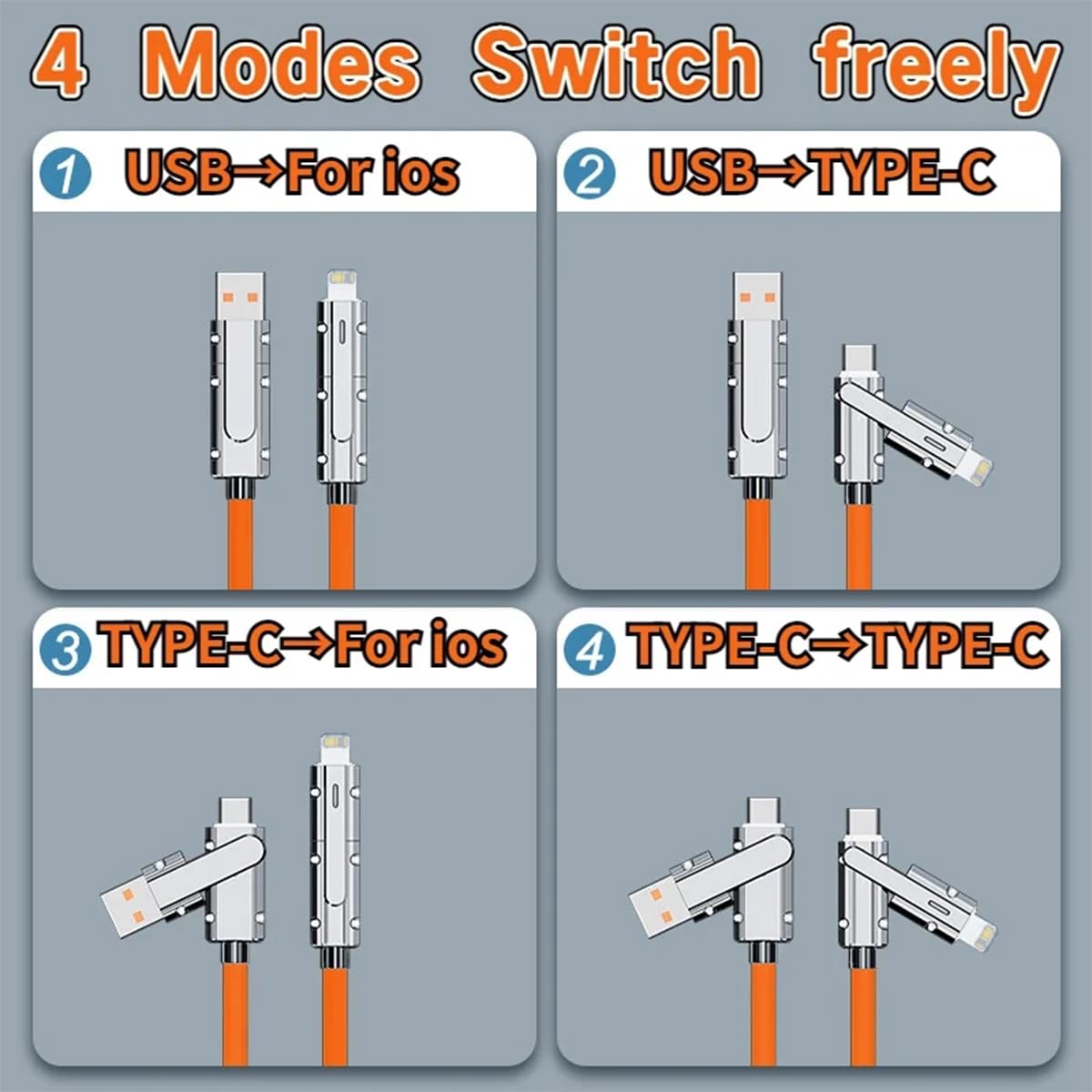 4 in 1 100W Fast Charging Data Cable 2M, Multi Cord with USB-C & iOS Connectors for iPhone, iPad, Laptops & All Smartphones