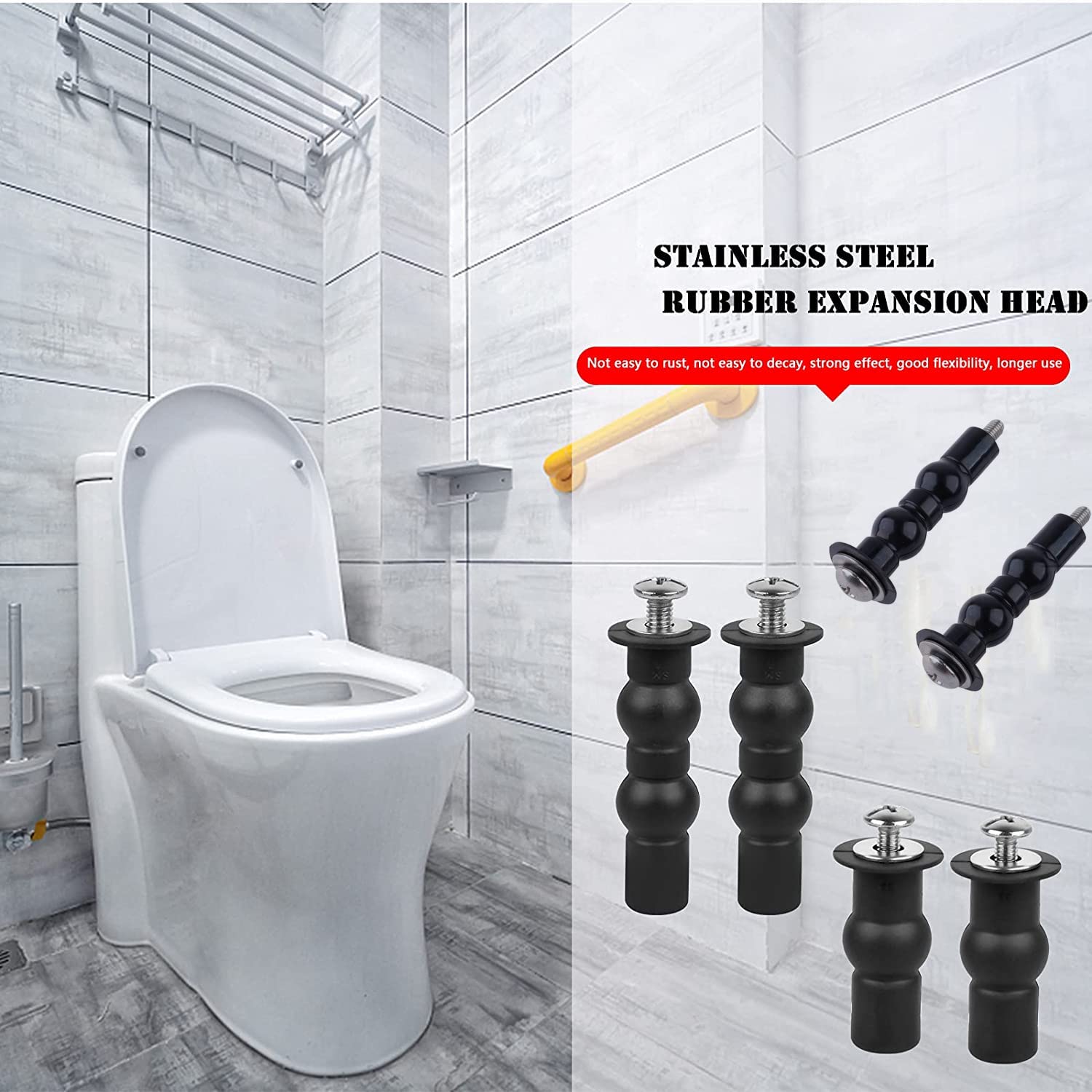 4 Pack Universal Toilet Seat Hinges with Fixing Screws, Expandable Rubber Bolt Fixings Replacement Hardware Kit to Loose and Wobbly Toilet Seats