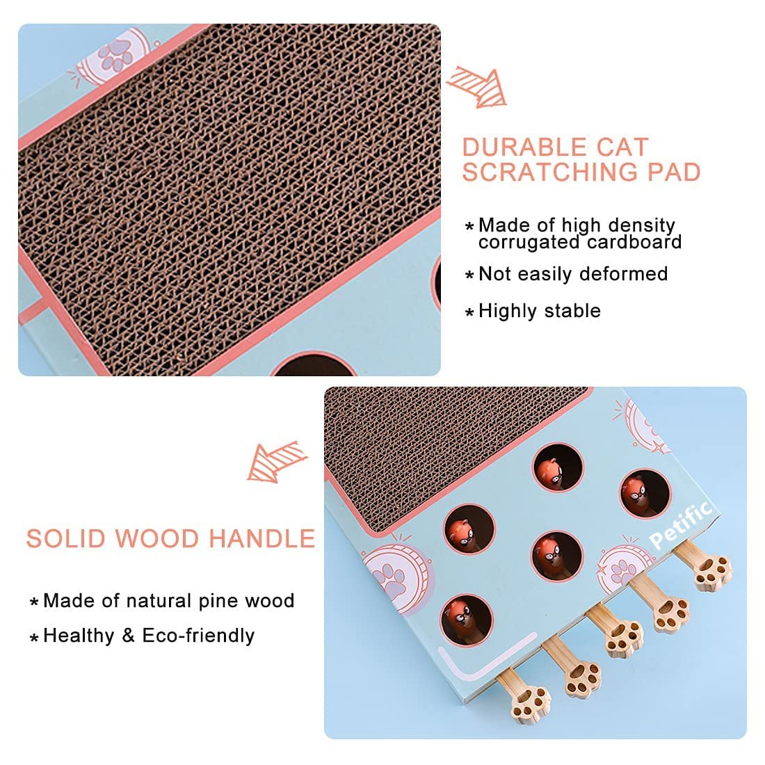 3-in-1 Thick Corrugated Cat Scratcher Pad, Multi Functional Scratch Toy with Whack-a-Mole Game & Cat Stick for Indoor Cats