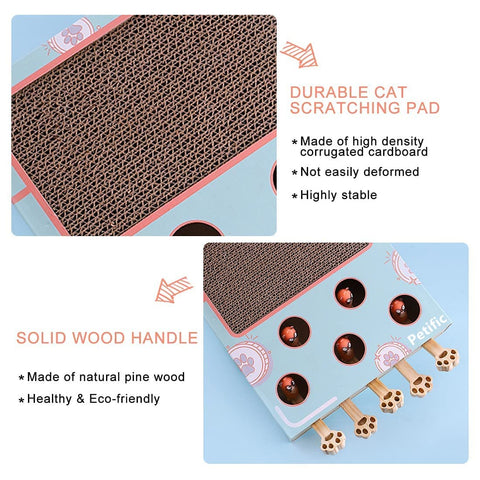 3-in-1 Thick Corrugated Cat Scratcher Pad, Multi Functional Scratch Toy with Whack-a-Mole Game & Cat Stick for Indoor Cats