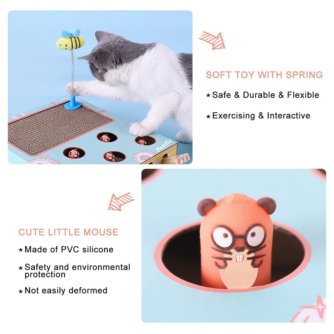 3-in-1 Thick Corrugated Cat Scratcher Pad, Multi Functional Scratch Toy with Whack-a-Mole Game & Cat Stick for Indoor Cats