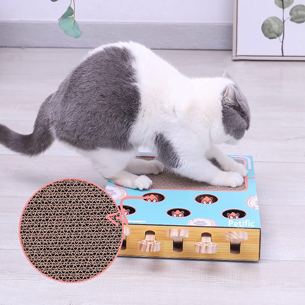3-in-1 Thick Corrugated Cat Scratcher Pad, Multi Functional Scratch Toy with Whack-a-Mole Game & Cat Stick for Indoor Cats
