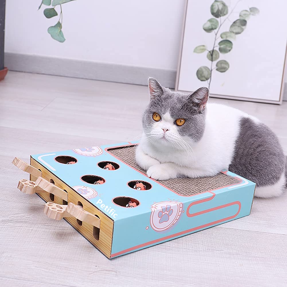 3-in-1 Thick Corrugated Cat Scratcher Pad, Multi Functional Scratch Toy with Whack-a-Mole Game & Cat Stick for Indoor Cats