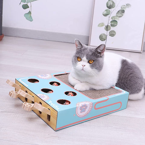 3-in-1 Thick Corrugated Cat Scratcher Pad, Multi Functional Scratch Toy with Whack-a-Mole Game & Cat Stick for Indoor Cats
