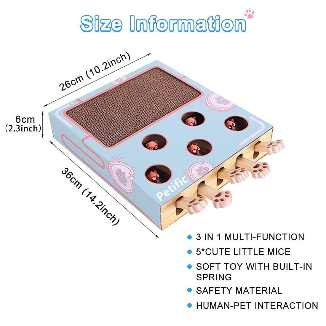 3-in-1 Thick Corrugated Cat Scratcher Pad, Multi Functional Scratch Toy with Whack-a-Mole Game & Cat Stick for Indoor Cats