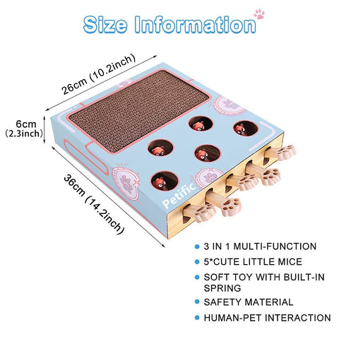3-in-1 Thick Corrugated Cat Scratcher Pad, Multi Functional Scratch Toy with Whack-a-Mole Game & Cat Stick for Indoor Cats