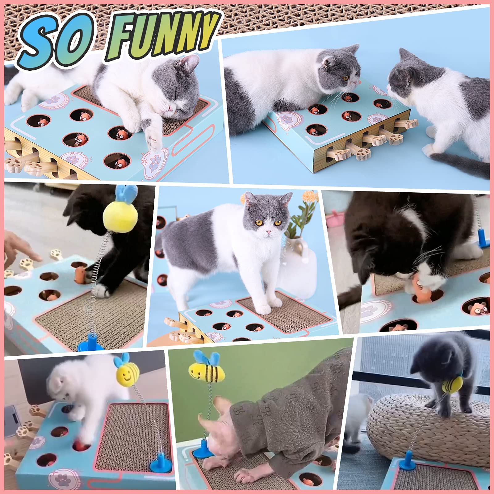 3-in-1 Thick Corrugated Cat Scratcher Pad, Multi Functional Scratch Toy with Whack-a-Mole Game & Cat Stick for Indoor Cats