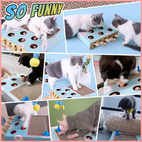 3-in-1 Thick Corrugated Cat Scratcher Pad, Multi Functional Scratch Toy with Whack-a-Mole Game & Cat Stick for Indoor Cats