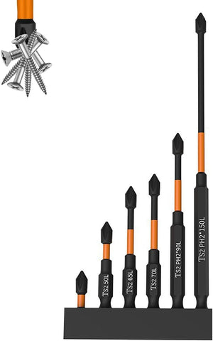 6Pcs CR‑V Steel Magnetic Impact Screwdriver Bits, 1/4" Hex Shank