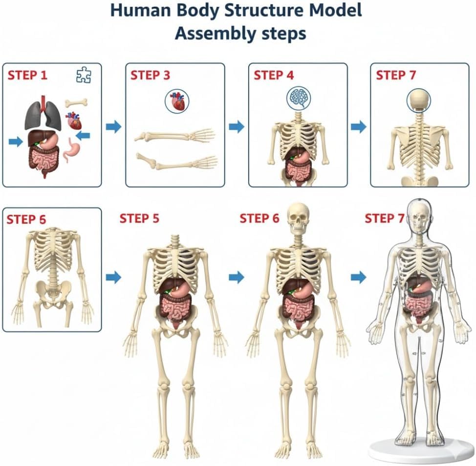 43-Piece Transparent Human Body Anatomy Model, Detachable Human Torso Model with Removable Realistic Organs & Complete Bone Parts for Medical Teaching & Biology Learning