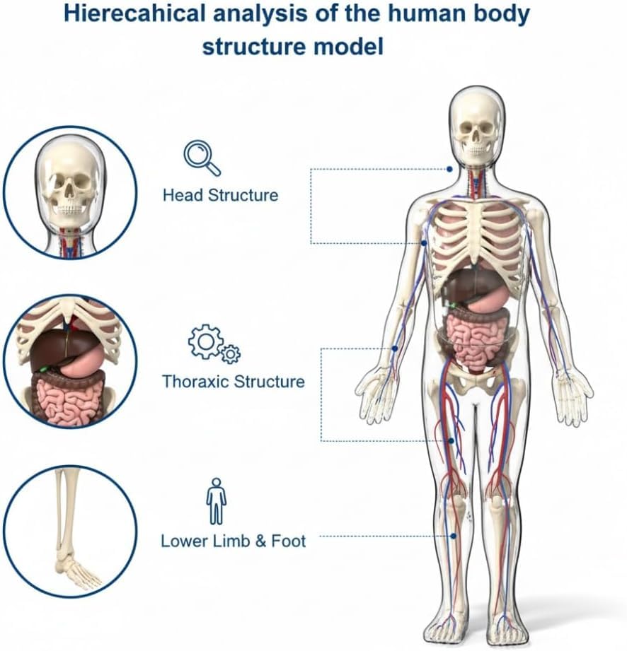 43-Piece Transparent Human Body Anatomy Model, Detachable Human Torso Model with Removable Realistic Organs & Complete Bone Parts for Medical Teaching & Biology Learning