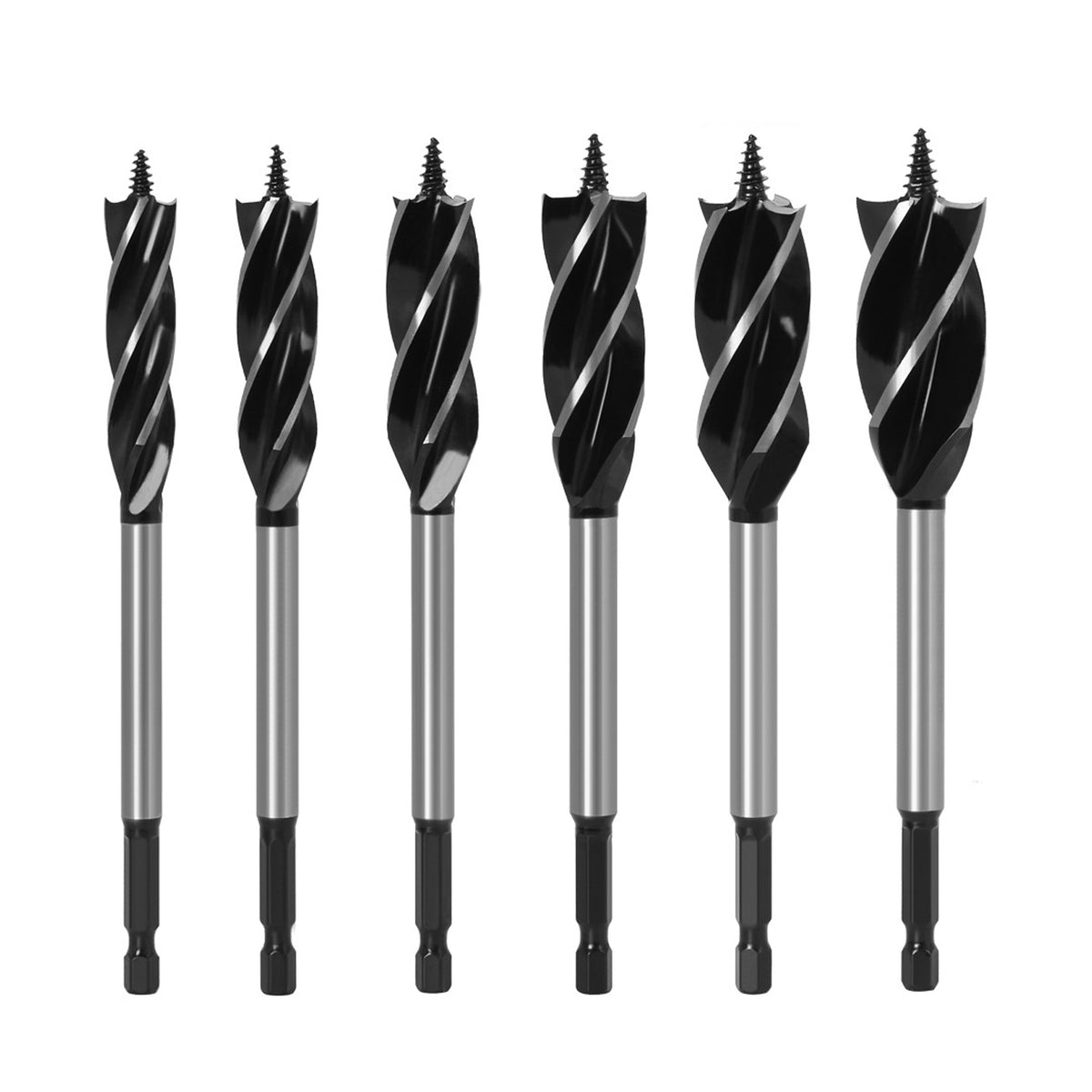 6-Piece Auger Drill Bit Set with 4-Flute Fast Cutting Design & Hex Shank