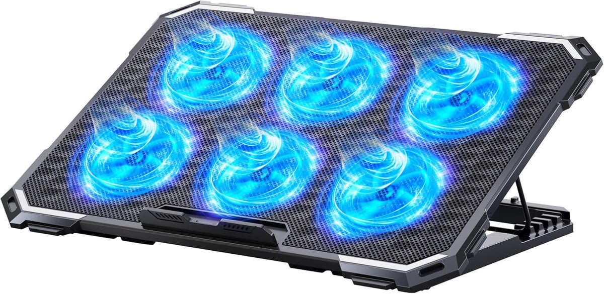 Laptop Cooling Pad with 6 Quiet Fans and Adjustable Heights, 2 USB Ports