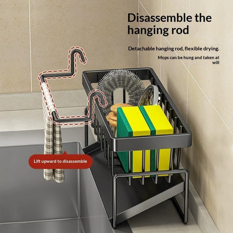 Rustproof Kitchen Sink Sponge Holder, Multifunctional Sink Caddy with Brush Slot & Dishcloth Hanger for Kitchen Countertop