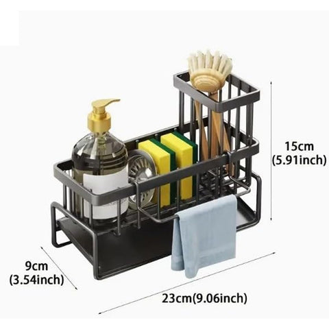 Rustproof Kitchen Sink Sponge Holder, Multifunctional Sink Caddy with Brush Slot & Dishcloth Hanger for Kitchen Countertop