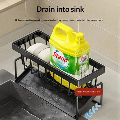 Rustproof Kitchen Sink Sponge Holder, Multifunctional Sink Caddy with Brush Slot & Dishcloth Hanger for Kitchen Countertop