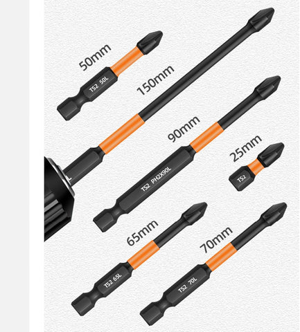 6Pcs CR‑V Steel Magnetic Impact Screwdriver Bits, 1/4" Hex Shank