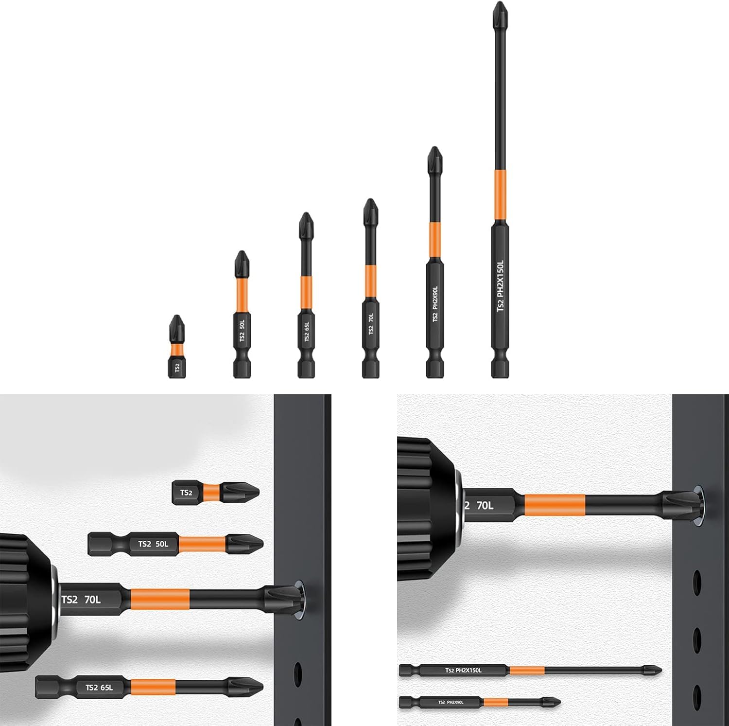 6Pcs CR‑V Steel Magnetic Impact Screwdriver Bits, 1/4" Hex Shank