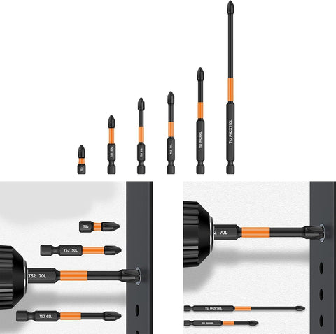 6Pcs CR‑V Steel Magnetic Impact Screwdriver Bits, 1/4" Hex Shank