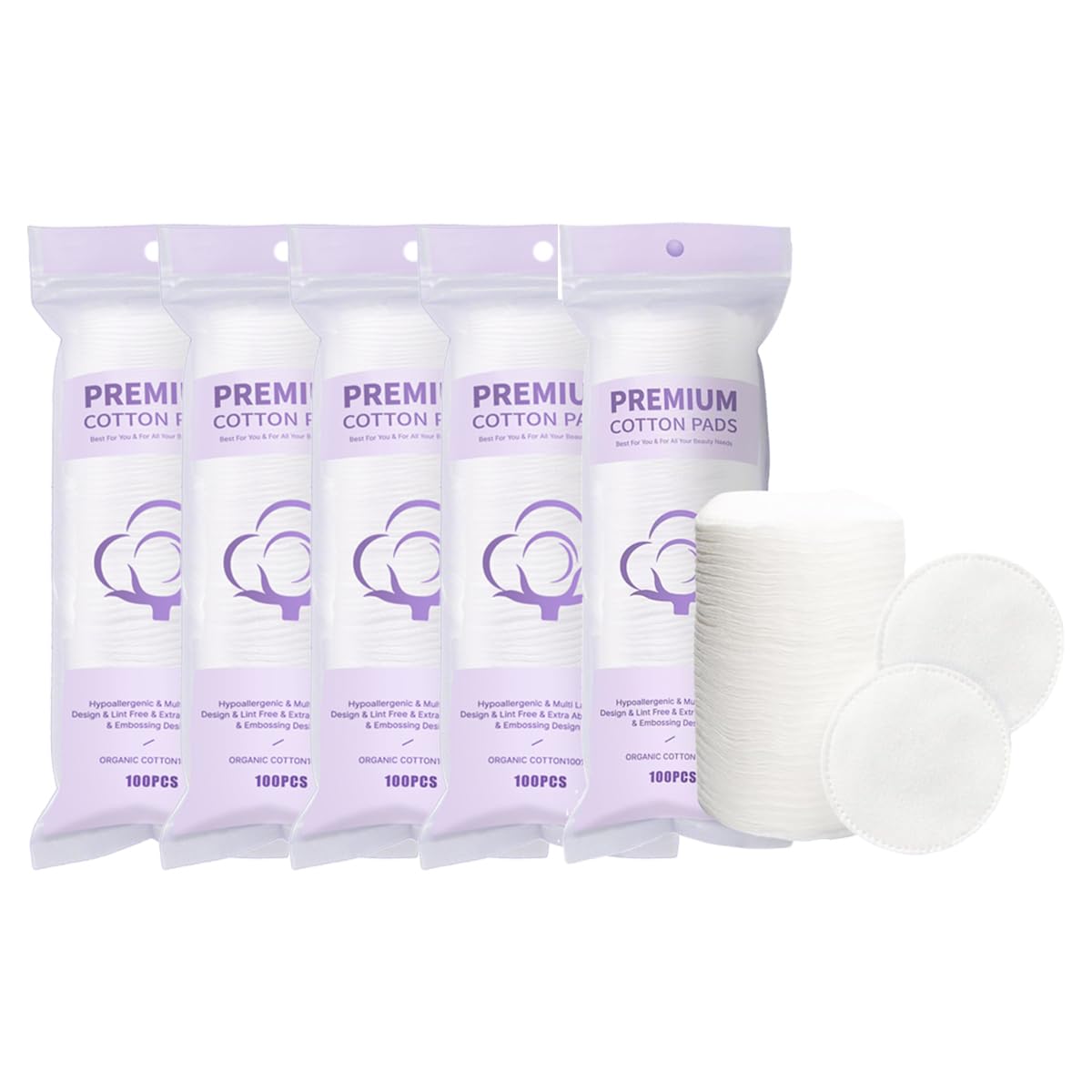 100PCS Cotton Rounds, Makeup Remover Pads, 3-Layer Soft Cotton Pads for Face, Dual-Sided Flat Texture Facial Cotton Pads for Makeup Removal, Skincare, Toner and Cleansing 5 Pack