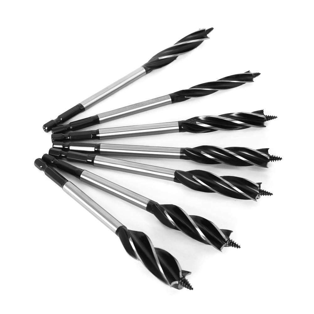 6-Piece Auger Drill Bit Set with 4-Flute Fast Cutting Design & Hex Shank