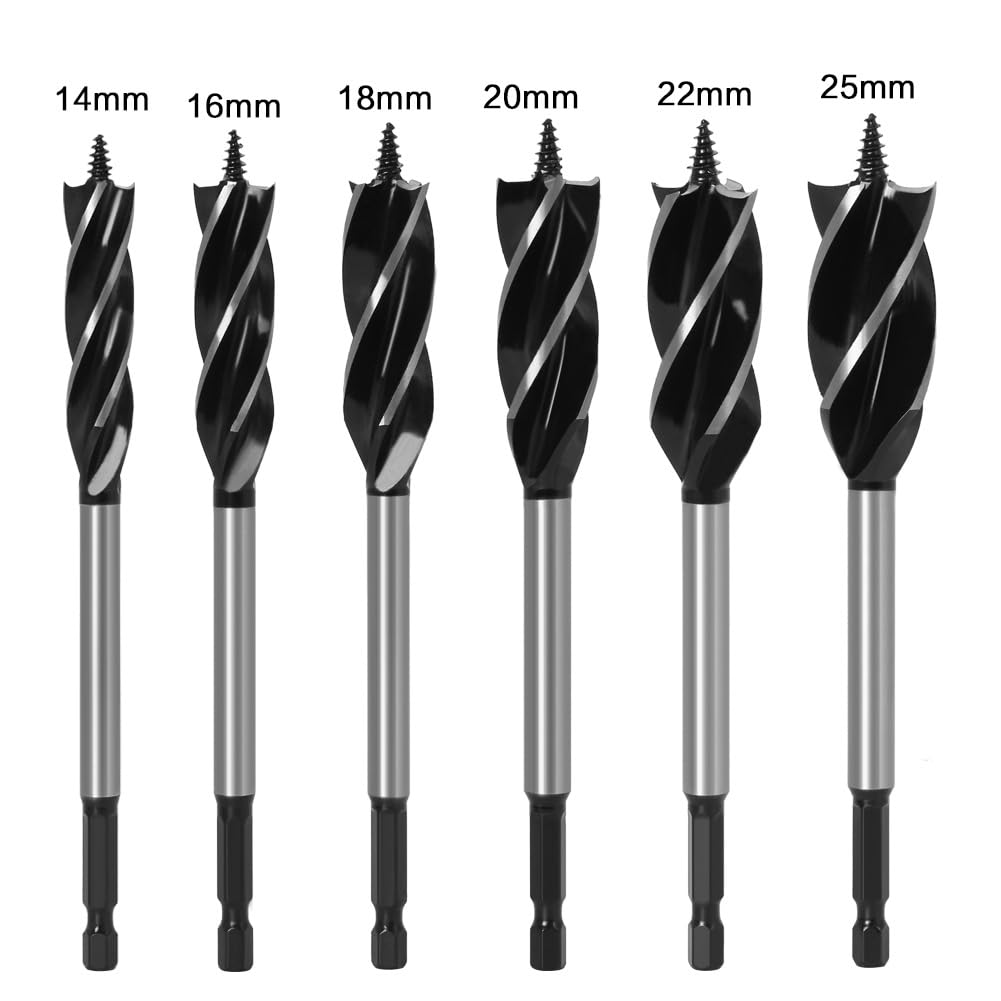 6-Piece Auger Drill Bit Set with 4-Flute Fast Cutting Design & Hex Shank