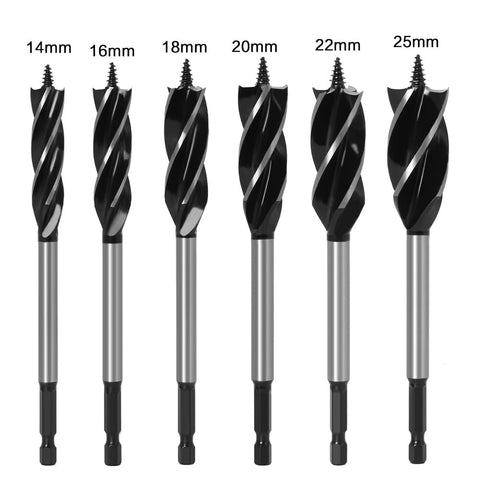 6-Piece Auger Drill Bit Set with 4-Flute Fast Cutting Design & Hex Shank