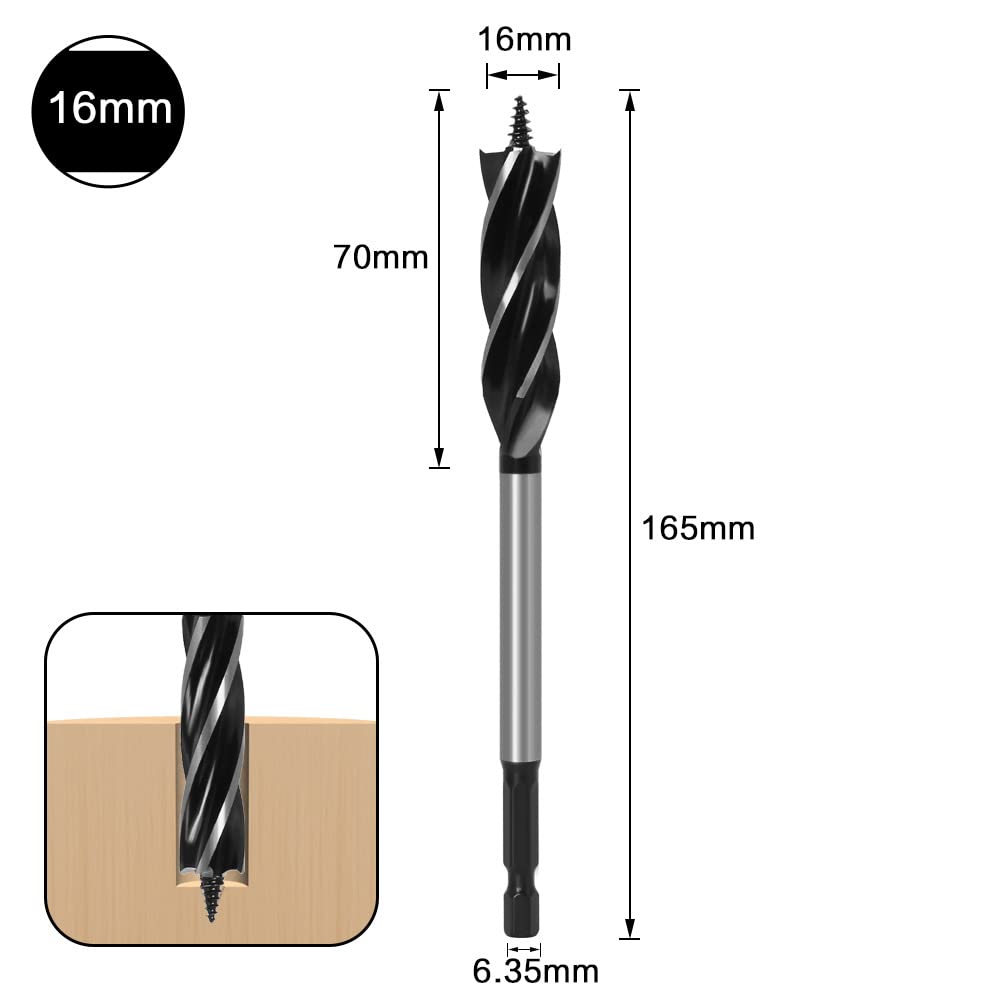 6-Piece Auger Drill Bit Set with 4-Flute Fast Cutting Design & Hex Shank