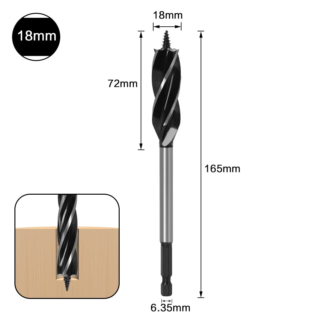 6-Piece Auger Drill Bit Set with 4-Flute Fast Cutting Design & Hex Shank