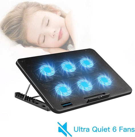 Laptop Cooling Pad with 6 Quiet Fans and Adjustable Heights, 2 USB Ports