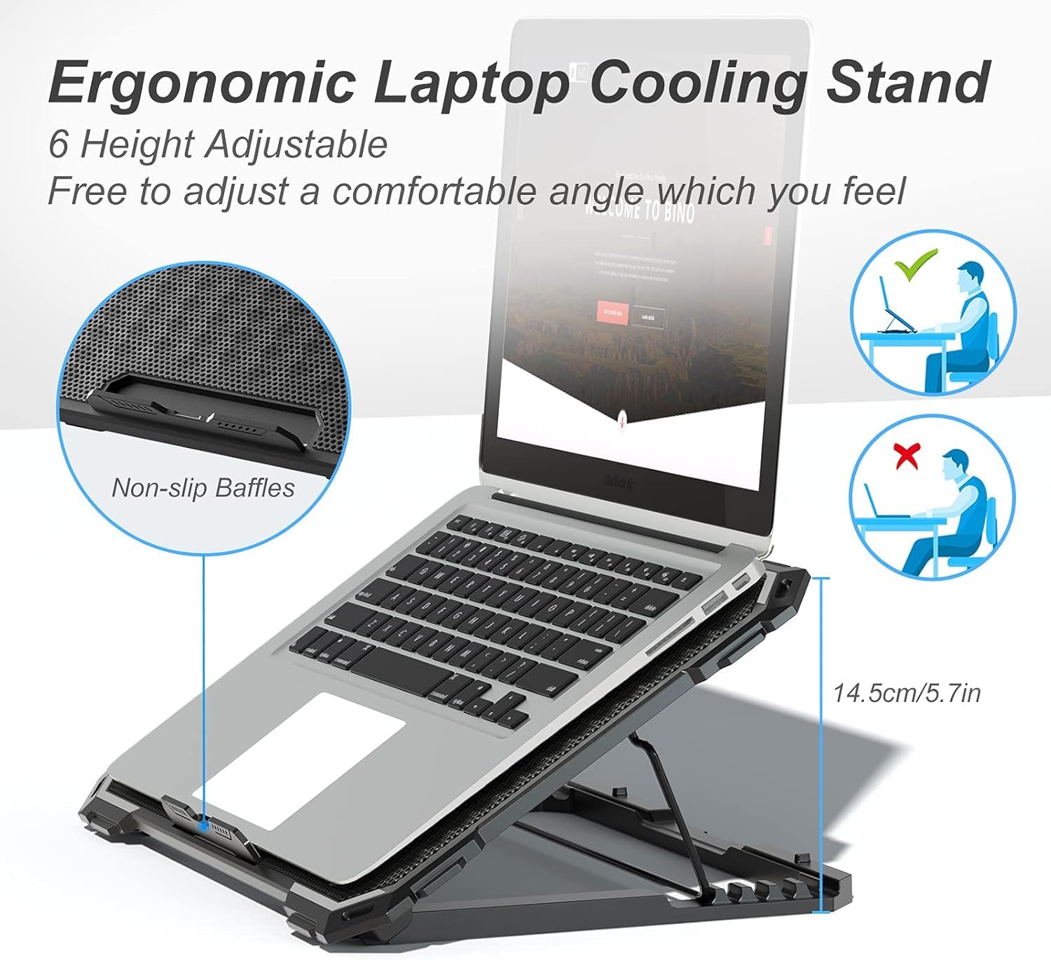 Laptop Cooling Pad with 6 Quiet Fans and Adjustable Heights, 2 USB Ports