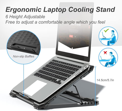 Laptop Cooling Pad with 6 Quiet Fans and Adjustable Heights, 2 USB Ports