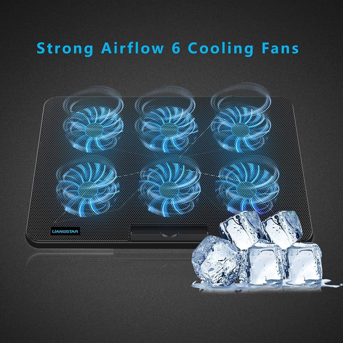 Laptop Cooling Pad with 6 Quiet Fans and Adjustable Heights, 2 USB Ports