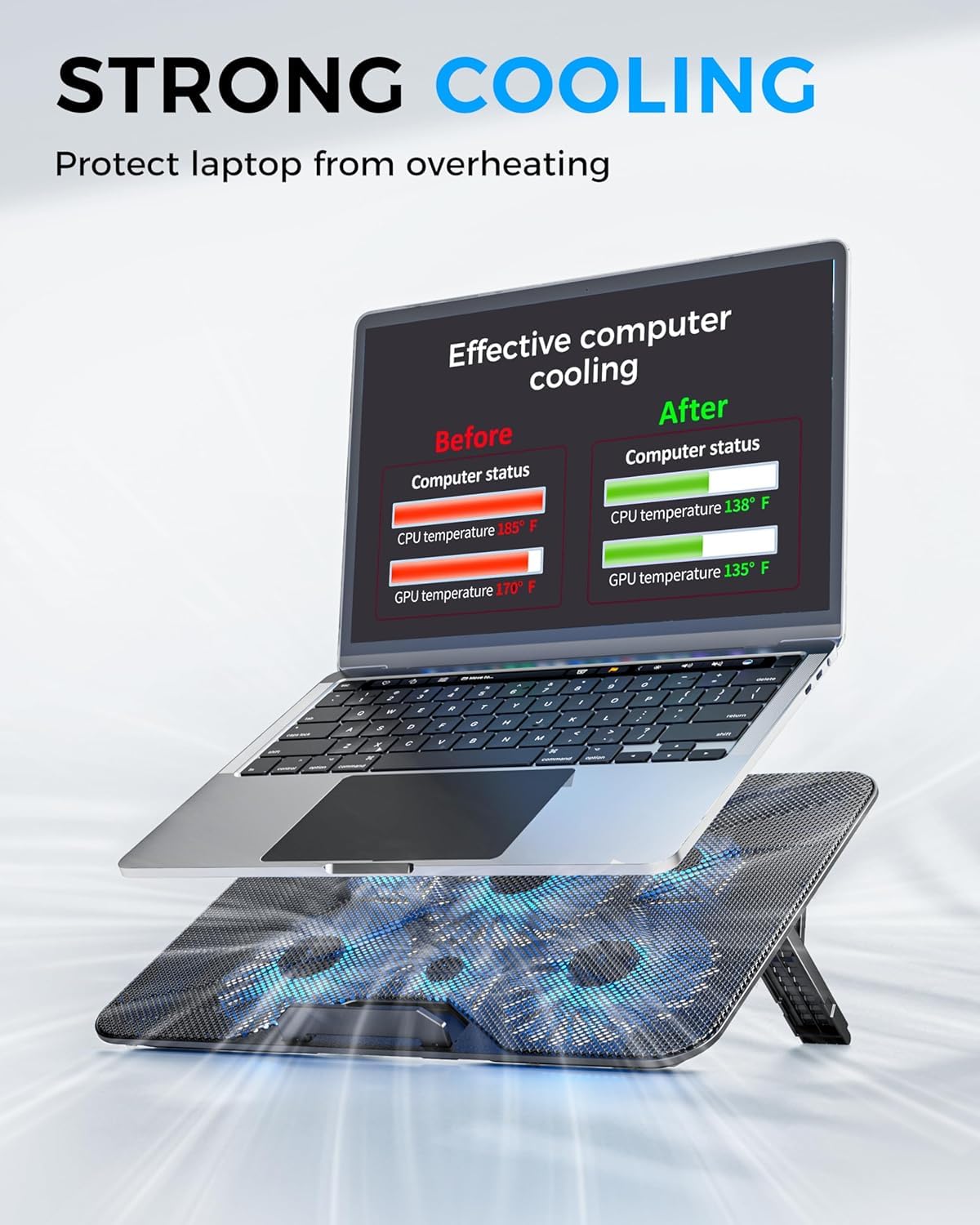Laptop Cooling Pad with 6 Quiet Fans and Adjustable Heights, 2 USB Ports
