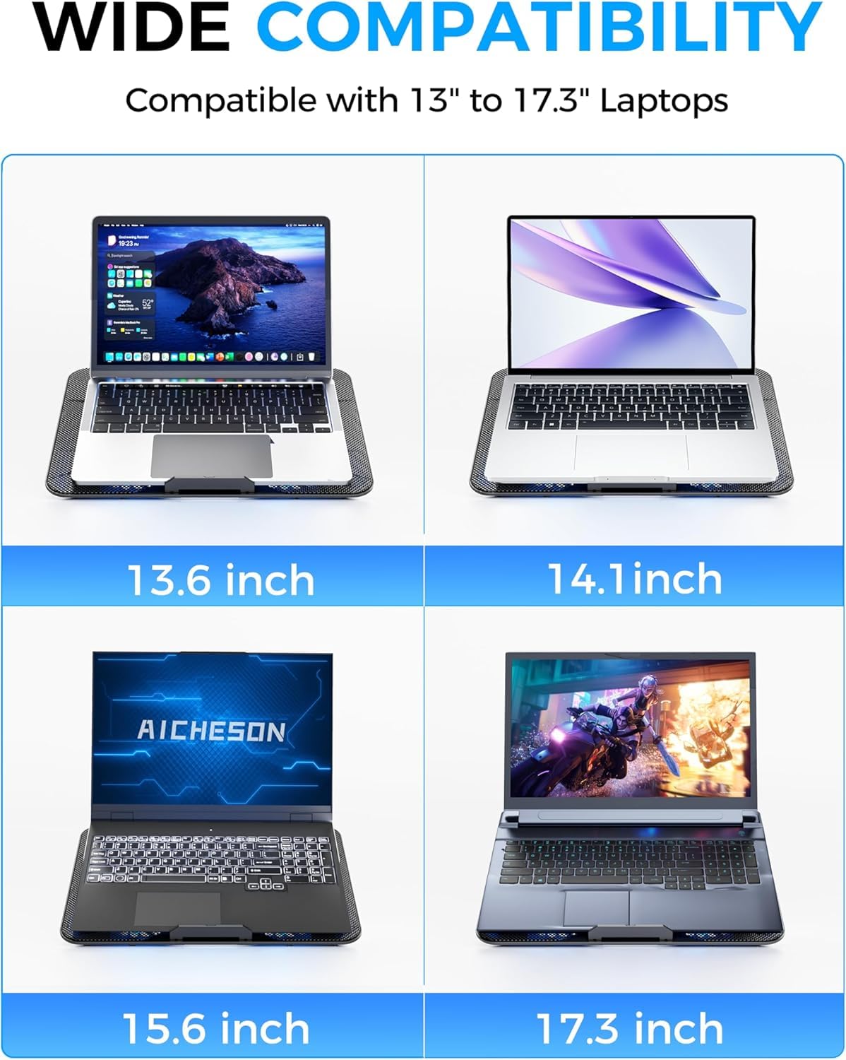Laptop Cooling Pad with 6 Quiet Fans and Adjustable Heights, 2 USB Ports