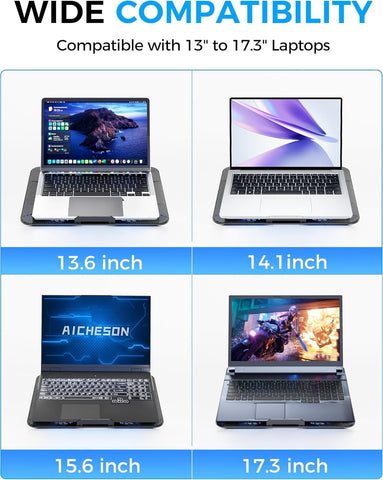 Laptop Cooling Pad with 6 Quiet Fans and Adjustable Heights, 2 USB Ports