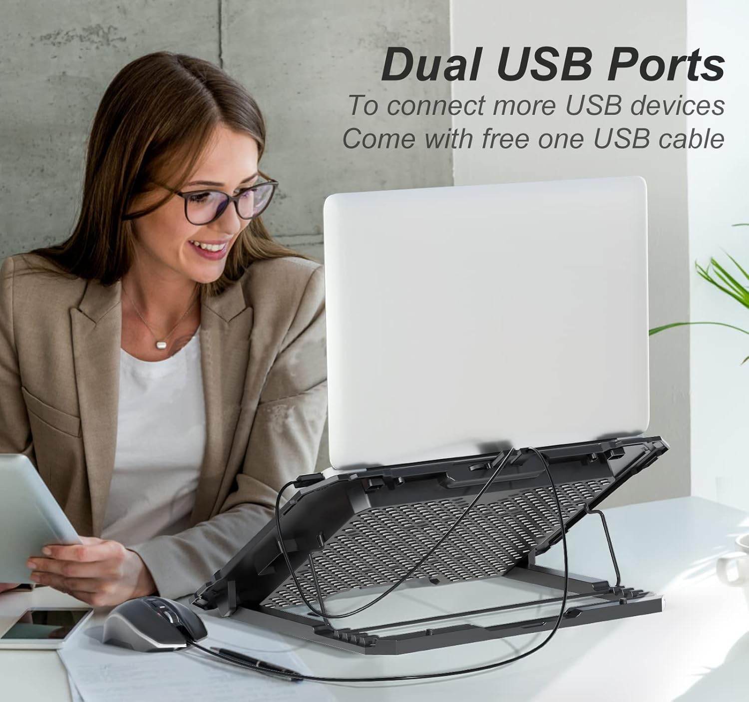 Laptop Cooling Pad with 6 Quiet Fans and Adjustable Heights, 2 USB Ports