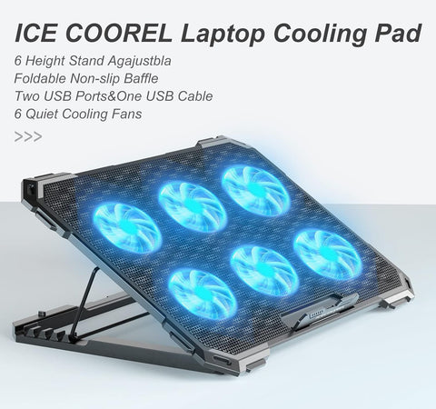 Laptop Cooling Pad with 6 Quiet Fans and Adjustable Heights, 2 USB Ports